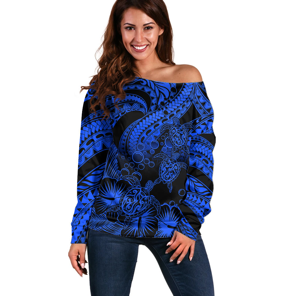 Personalised Polynesian Off Shoulder Sweater Tribal Honu Turtle with Hibiscus Blue Version