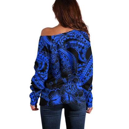 Personalised Polynesian Off Shoulder Sweater Tribal Honu Turtle with Hibiscus Blue Version