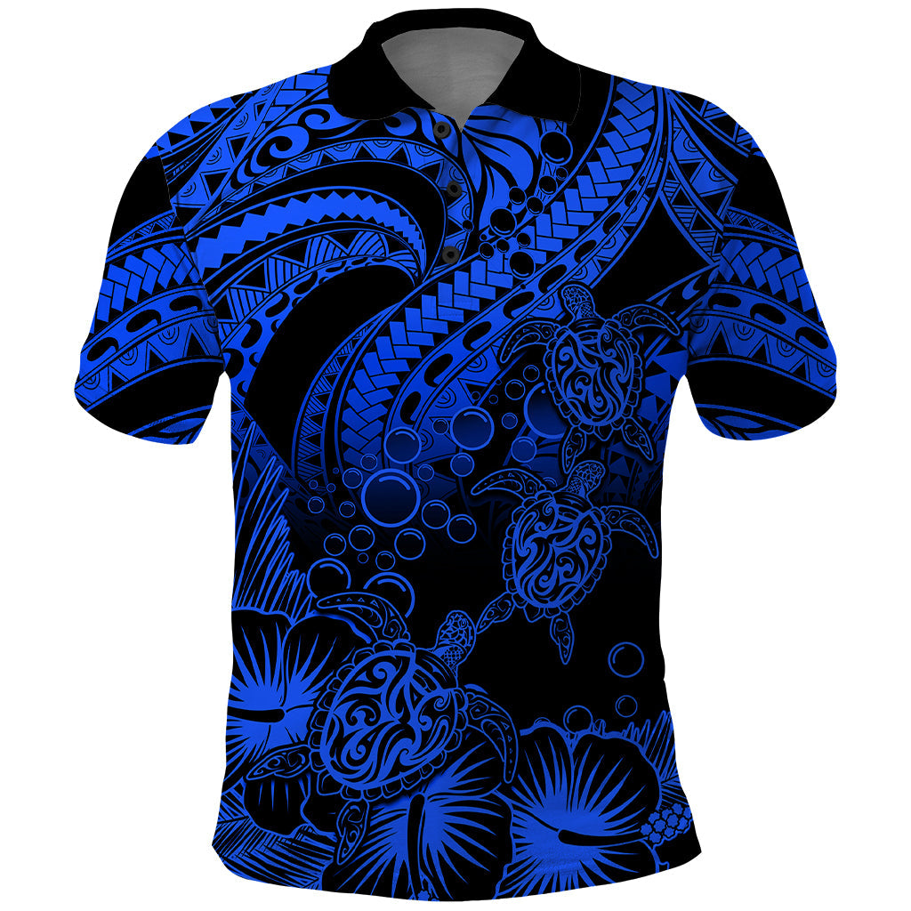 Personalised Polynesian Polo Shirt Tribal Honu Turtle with Hibiscus Blue Version