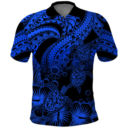 Personalised Polynesian Polo Shirt Tribal Honu Turtle with Hibiscus Blue Version