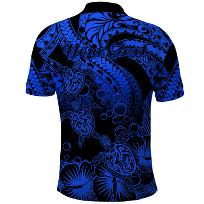 Personalised Polynesian Polo Shirt Tribal Honu Turtle with Hibiscus Blue Version