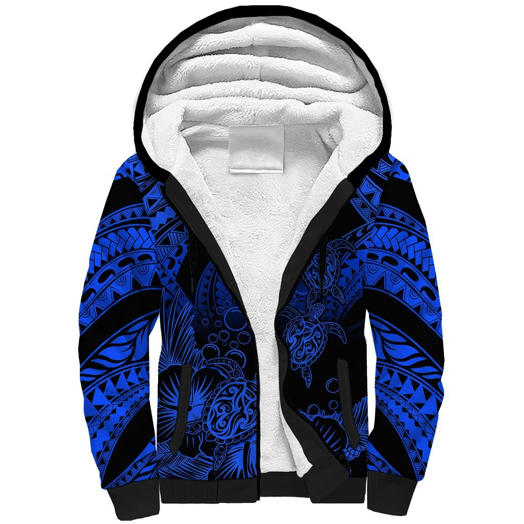 Personalised Polynesian Sherpa Hoodie Tribal Honu Turtle with Hibiscus Blue Version
