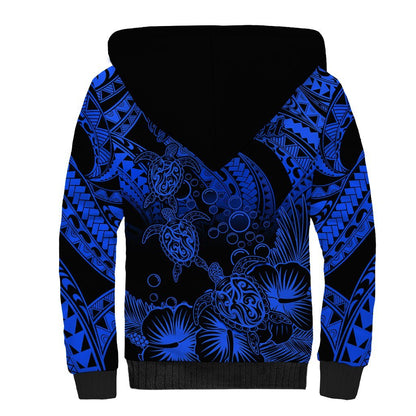 Personalised Polynesian Sherpa Hoodie Tribal Honu Turtle with Hibiscus Blue Version
