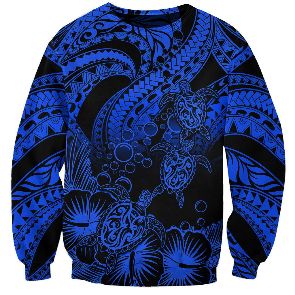 Personalised Polynesian Sweatshirt Tribal Honu Turtle with Hibiscus Blue Version