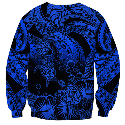 Personalised Polynesian Sweatshirt Tribal Honu Turtle with Hibiscus Blue Version