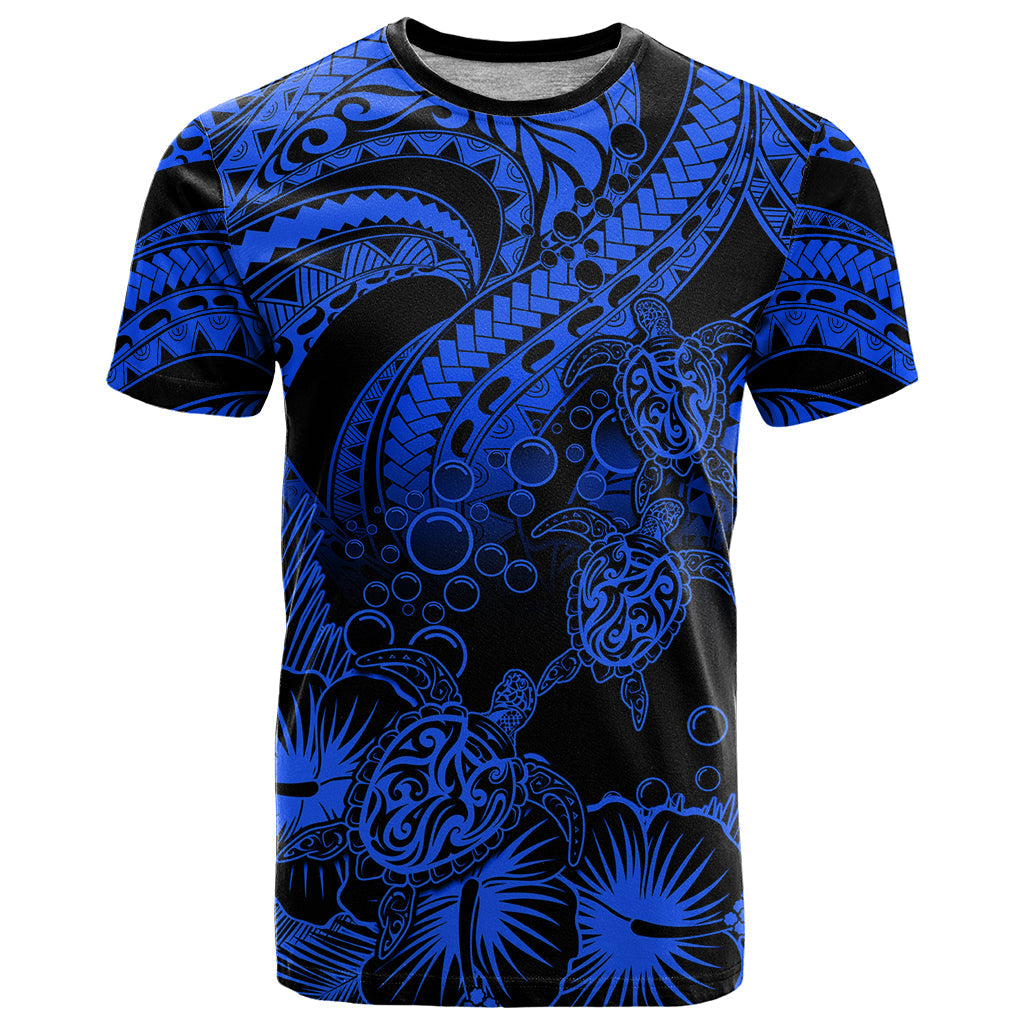 Personalised Polynesian T Shirt Tribal Honu Turtle With Hibiscus Blue Version