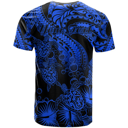 Personalised Polynesian T Shirt Tribal Honu Turtle With Hibiscus Blue Version