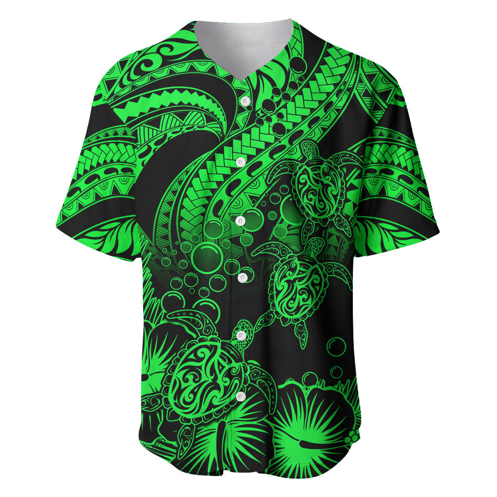 Personalised Polynesian Baseball Jersey Tribal Honu Turtle with Hibiscus Green Version
