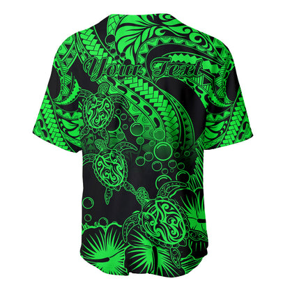 Personalised Polynesian Baseball Jersey Tribal Honu Turtle with Hibiscus Green Version