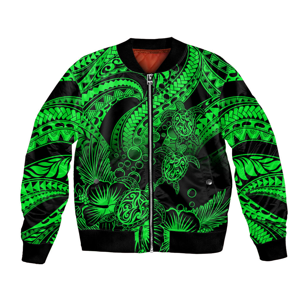Personalised Polynesian Bomber Jacket Tribal Honu Turtle with Hibiscus Green Version