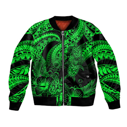 Personalised Polynesian Bomber Jacket Tribal Honu Turtle with Hibiscus Green Version