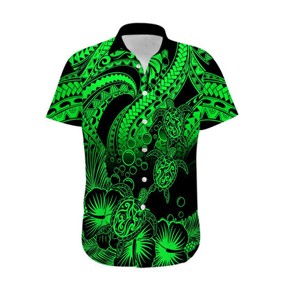 Personalised Polynesian Hawaiian Shirt Tribal Honu Turtle with Hibiscus Green Version