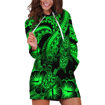 Personalised Polynesian Hoodie Dress Tribal Honu Turtle with Hibiscus Green Version