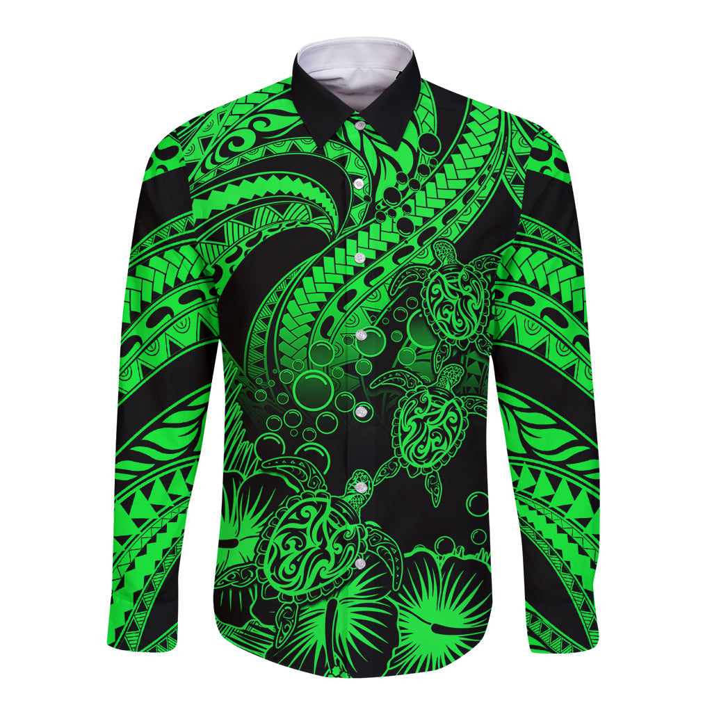 Personalised Polynesian Long Sleeve Button Shirt Tribal Honu Turtle with Hibiscus Green Version