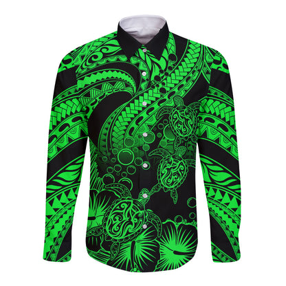 Personalised Polynesian Long Sleeve Button Shirt Tribal Honu Turtle with Hibiscus Green Version