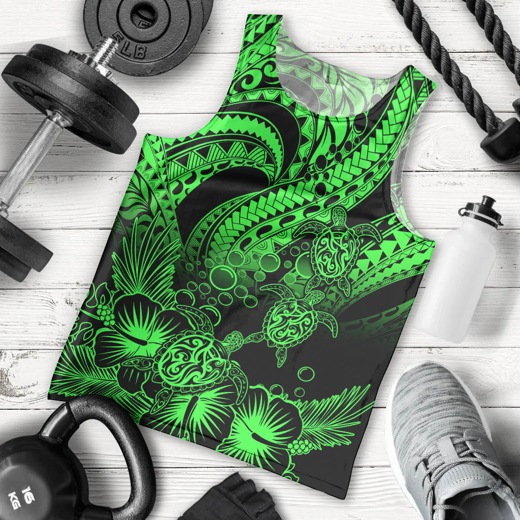 Personalised Polynesian Men Tank Top Tribal Honu Turtle with Hibiscus Green Version