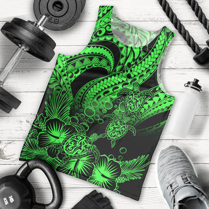 Personalised Polynesian Men Tank Top Tribal Honu Turtle with Hibiscus Green Version