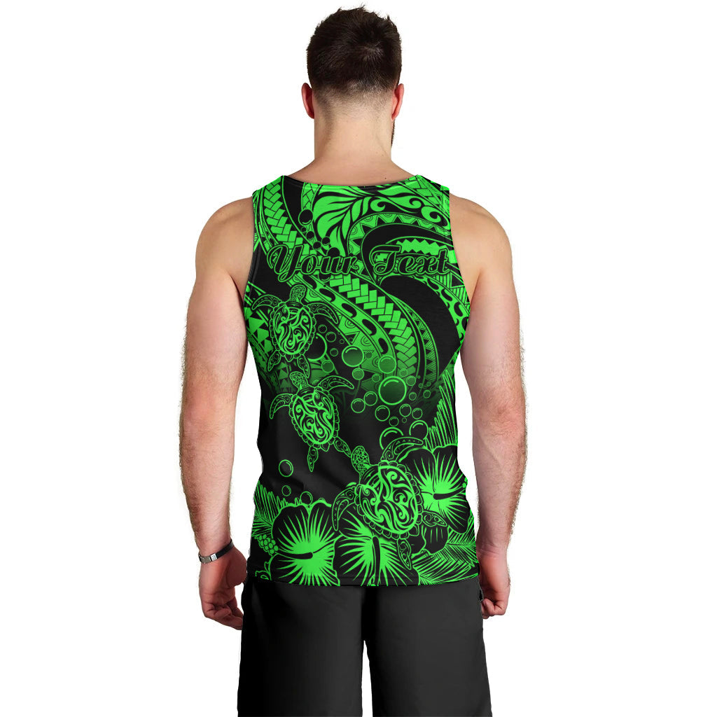Personalised Polynesian Men Tank Top Tribal Honu Turtle with Hibiscus Green Version