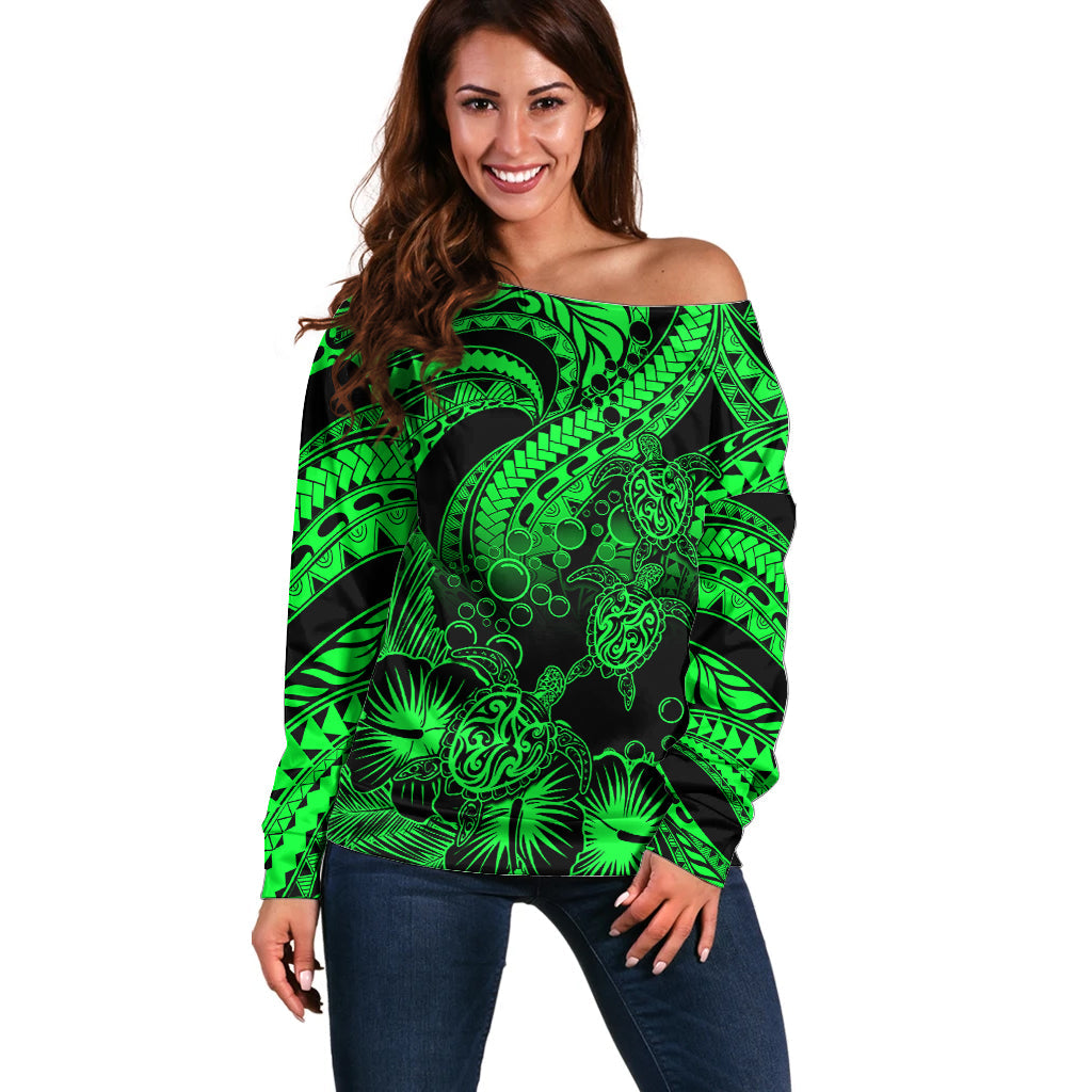 Personalised Polynesian Off Shoulder Sweater Tribal Honu Turtle with Hibiscus Green Version