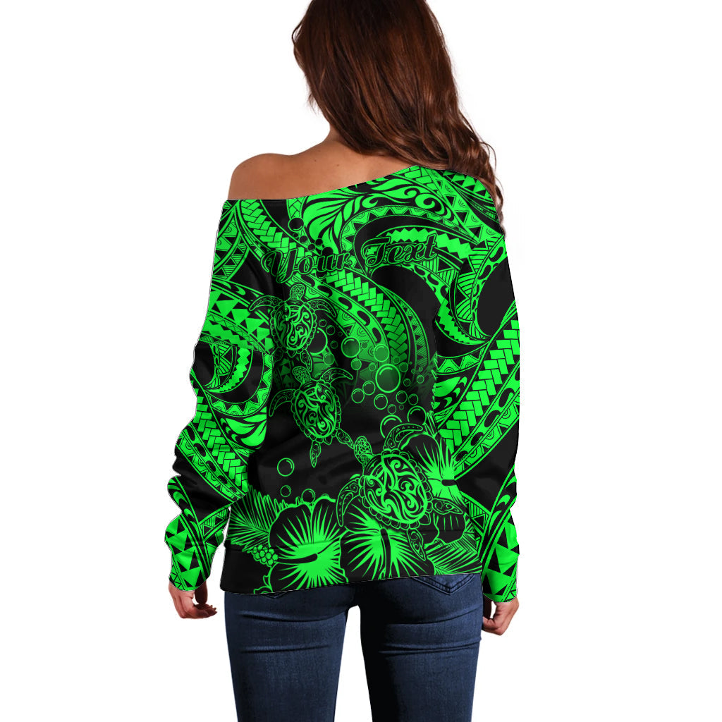 Personalised Polynesian Off Shoulder Sweater Tribal Honu Turtle with Hibiscus Green Version