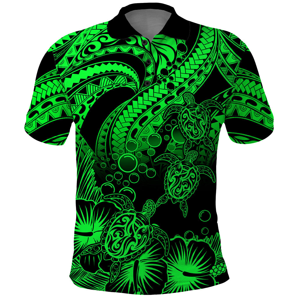 Personalised Polynesian Polo Shirt Tribal Honu Turtle with Hibiscus Green Version