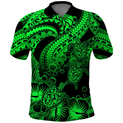 Personalised Polynesian Polo Shirt Tribal Honu Turtle with Hibiscus Green Version