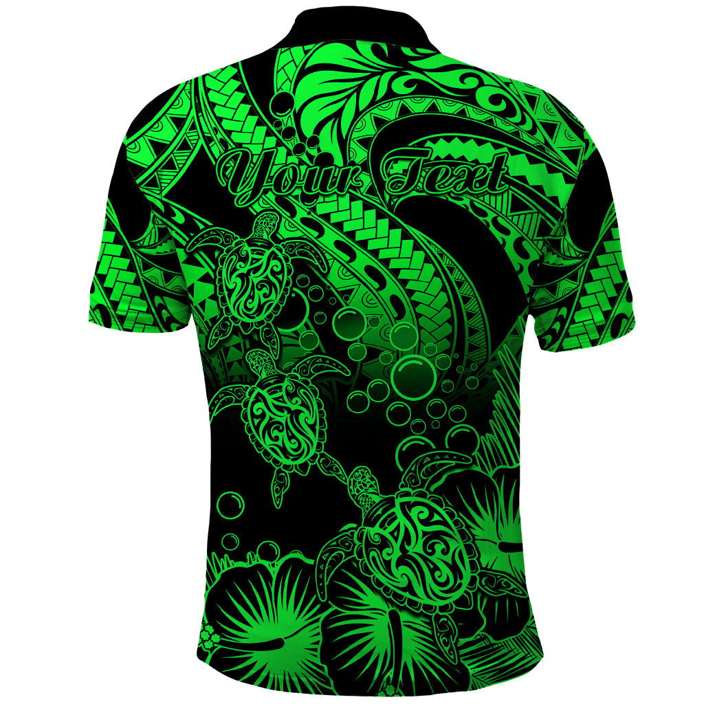 Personalised Polynesian Polo Shirt Tribal Honu Turtle with Hibiscus Green Version