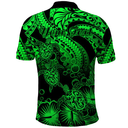 Personalised Polynesian Polo Shirt Tribal Honu Turtle with Hibiscus Green Version