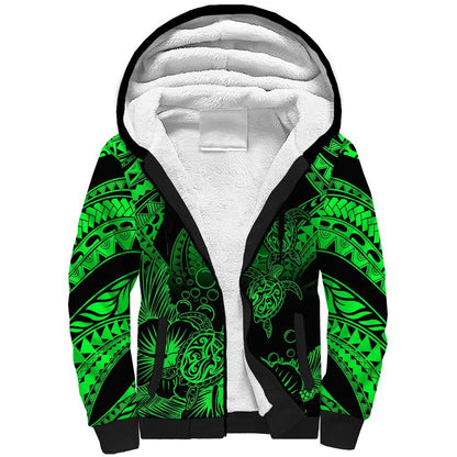 Personalised Polynesian Sherpa Hoodie Tribal Honu Turtle with Hibiscus Green Version
