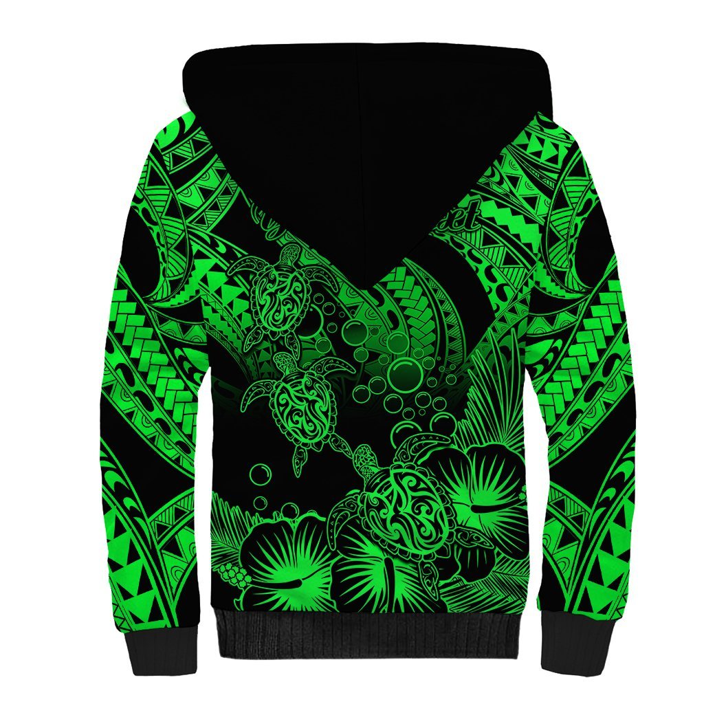 Personalised Polynesian Sherpa Hoodie Tribal Honu Turtle with Hibiscus Green Version