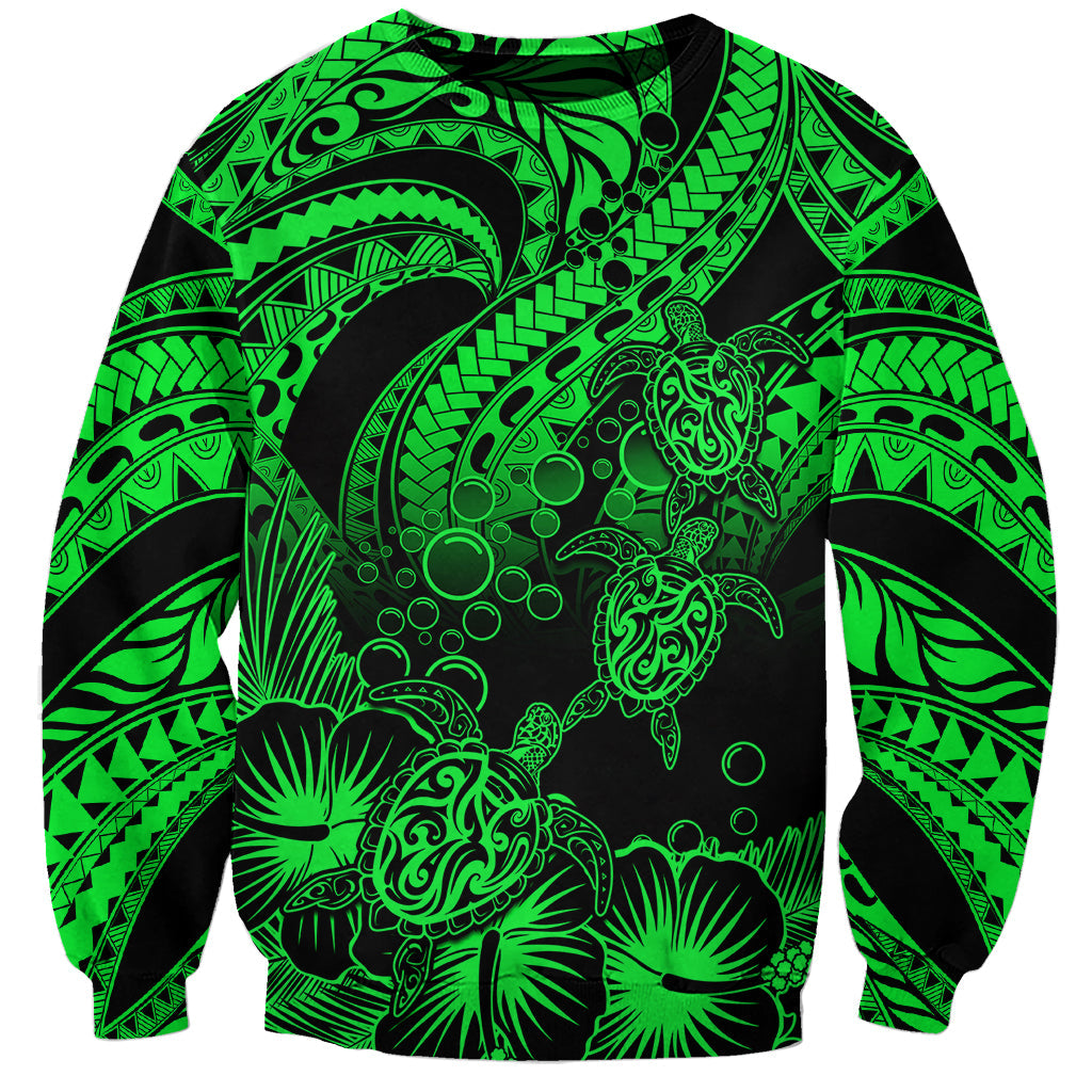 Personalised Polynesian Sweatshirt Tribal Honu Turtle with Hibiscus Green Version