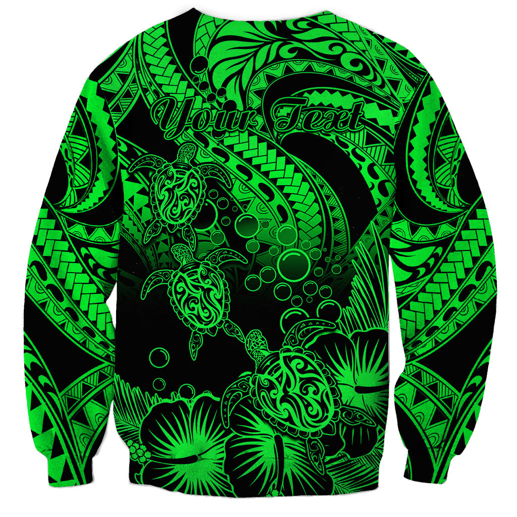 Personalised Polynesian Sweatshirt Tribal Honu Turtle with Hibiscus Green Version