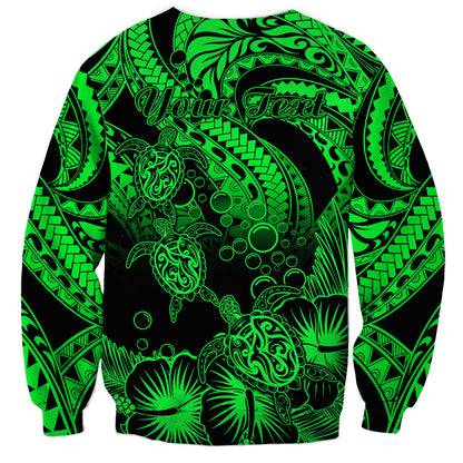 Personalised Polynesian Sweatshirt Tribal Honu Turtle with Hibiscus Green Version