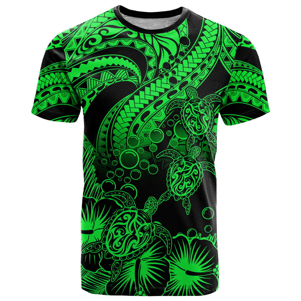 Personalised Polynesian T Shirt Tribal Honu Turtle With Hibiscus Green Version