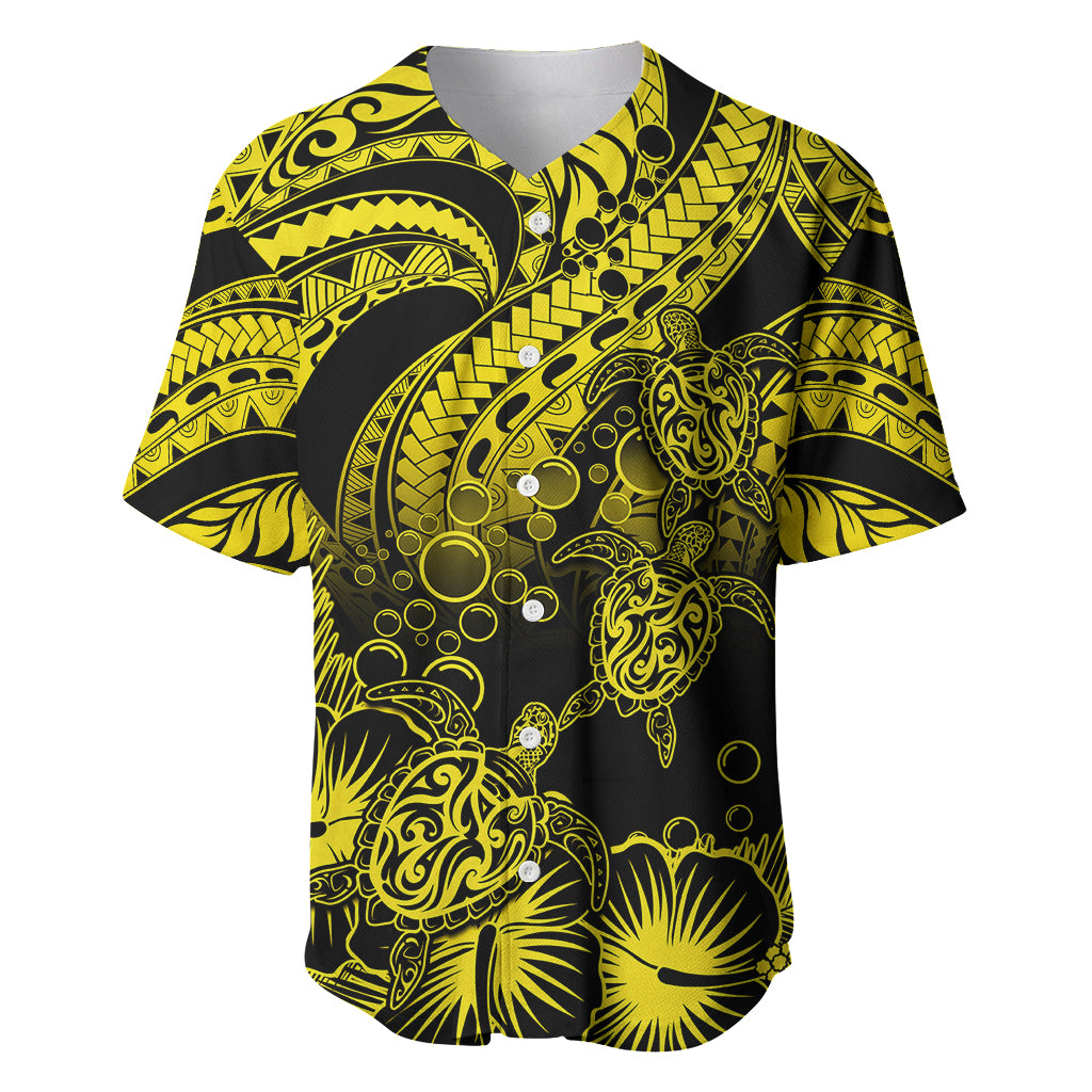 Personalised Polynesian Baseball Jersey Tribal Honu Turtle with Hibiscus Gold Version