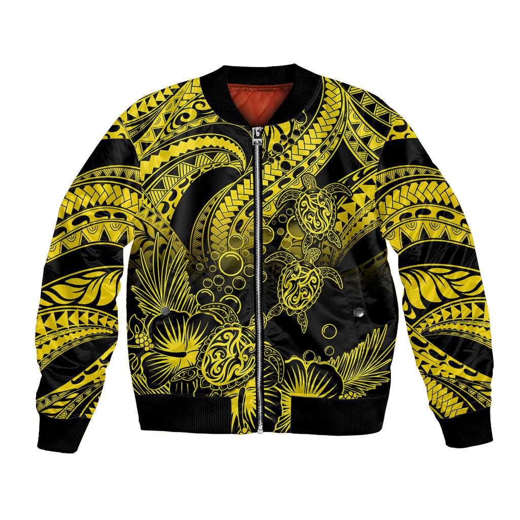 Personalised Polynesian Bomber Jacket Tribal Honu Turtle with Hibiscus Gold Version