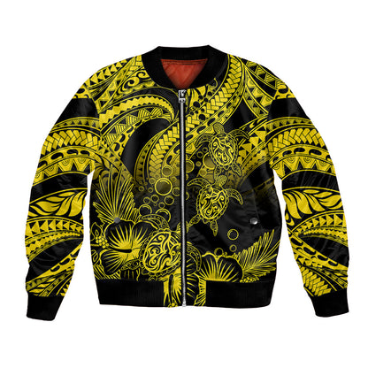 Personalised Polynesian Bomber Jacket Tribal Honu Turtle with Hibiscus Gold Version