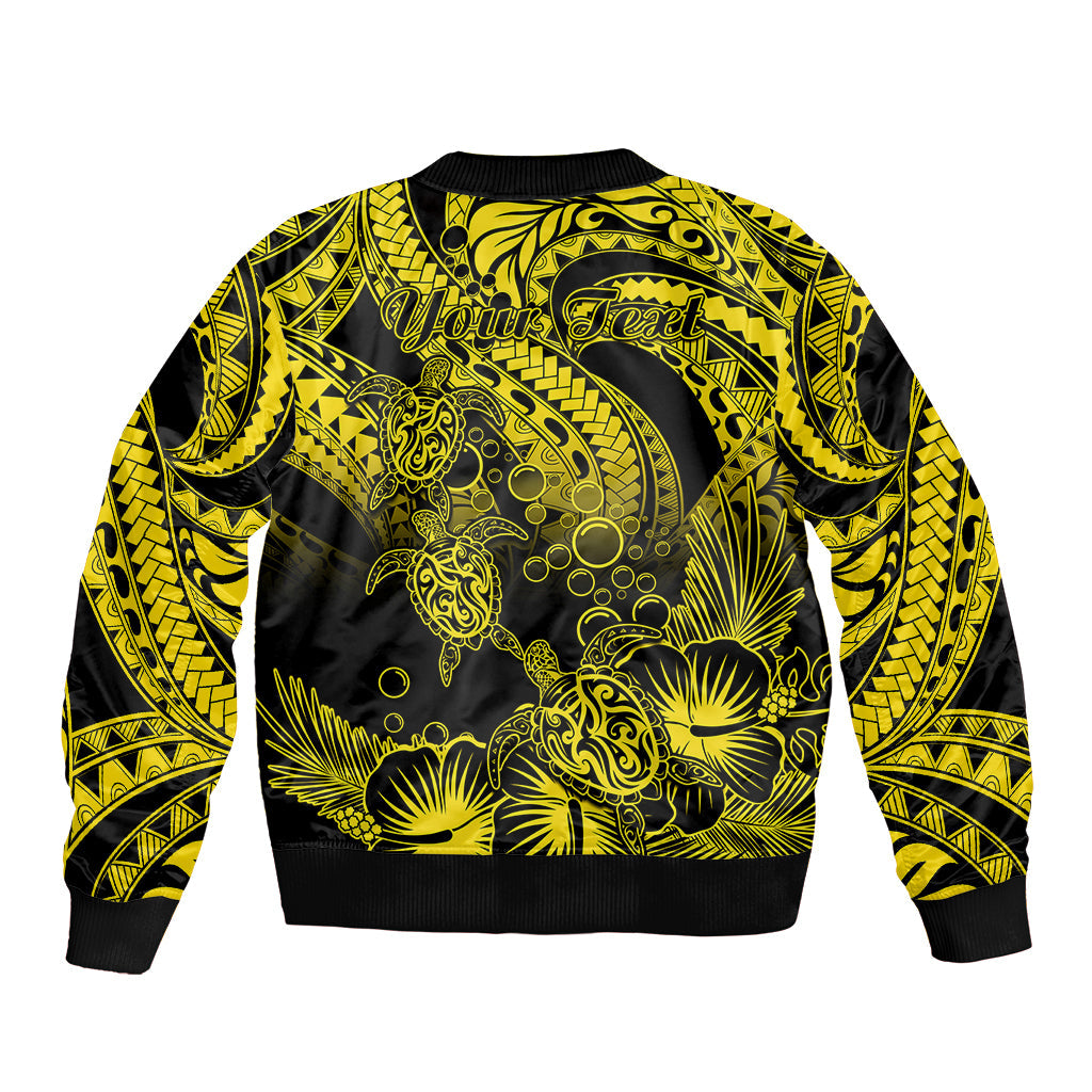 Personalised Polynesian Bomber Jacket Tribal Honu Turtle with Hibiscus Gold Version