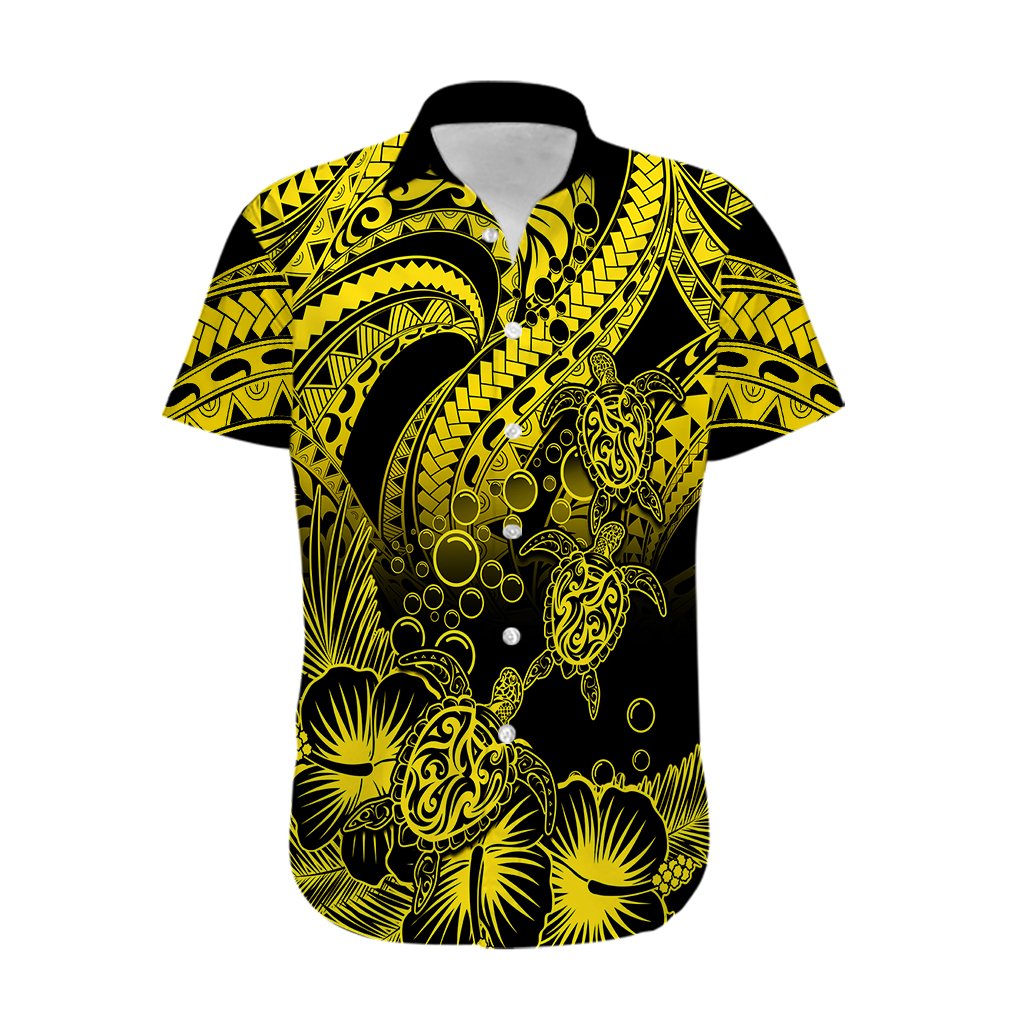 Personalised Polynesian Hawaiian Shirt Tribal Honu Turtle with Hibiscus Gold Version