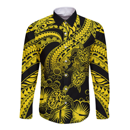 Personalised Polynesian Long Sleeve Button Shirt Tribal Honu Turtle with Hibiscus Gold Version