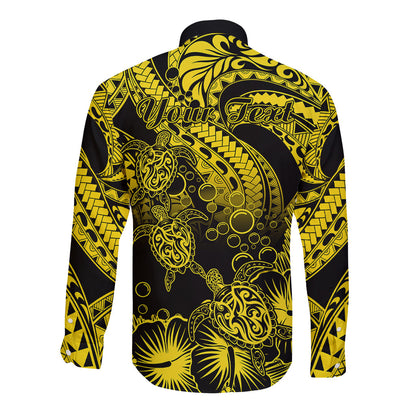 Personalised Polynesian Long Sleeve Button Shirt Tribal Honu Turtle with Hibiscus Gold Version