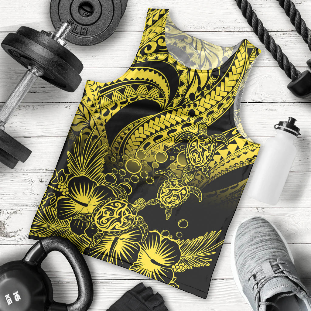 Personalised Polynesian Men Tank Top Tribal Honu Turtle with Hibiscus Gold Version