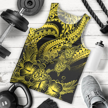 Personalised Polynesian Men Tank Top Tribal Honu Turtle with Hibiscus Gold Version