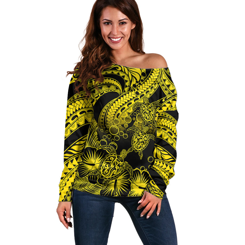 Personalised Polynesian Off Shoulder Sweater Tribal Honu Turtle with Hibiscus Gold Version