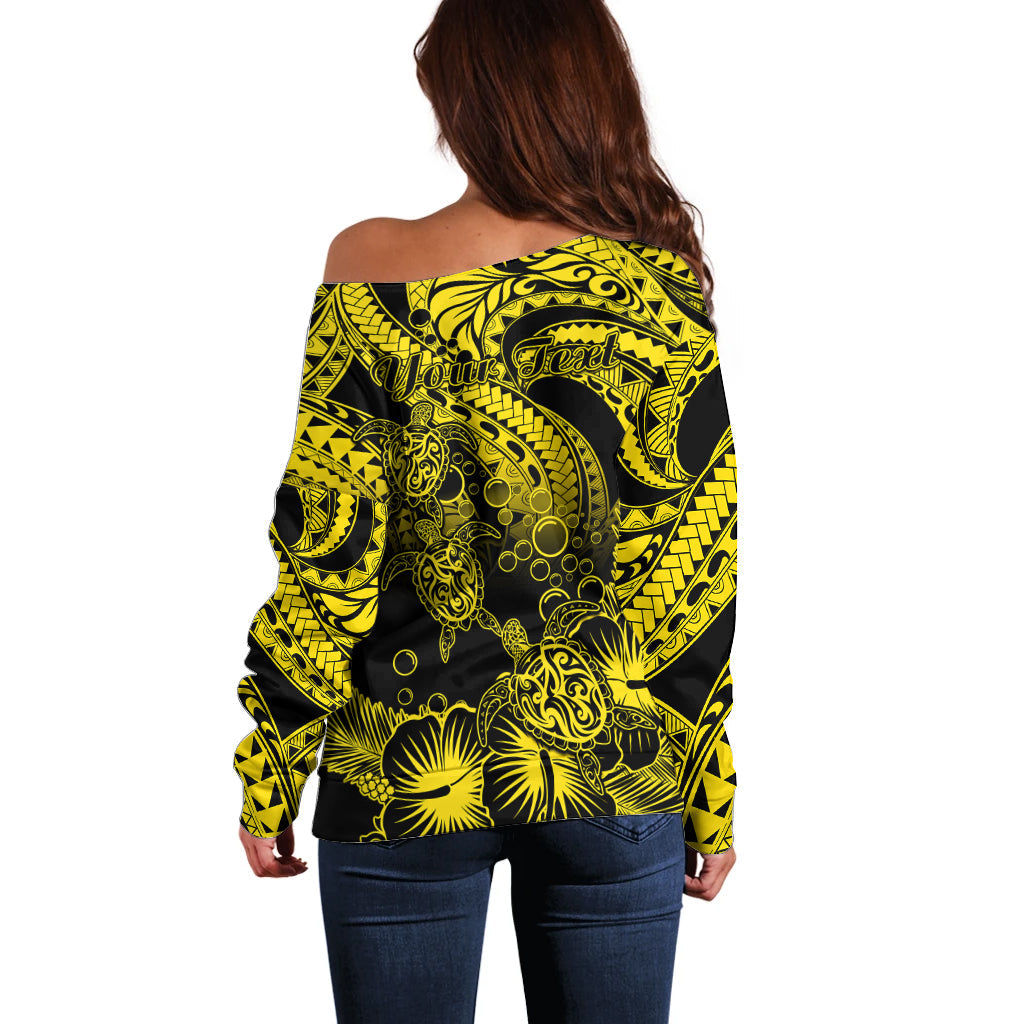 Personalised Polynesian Off Shoulder Sweater Tribal Honu Turtle with Hibiscus Gold Version