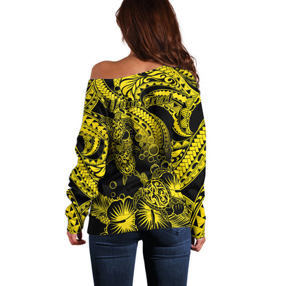Personalised Polynesian Off Shoulder Sweater Tribal Honu Turtle with Hibiscus Gold Version