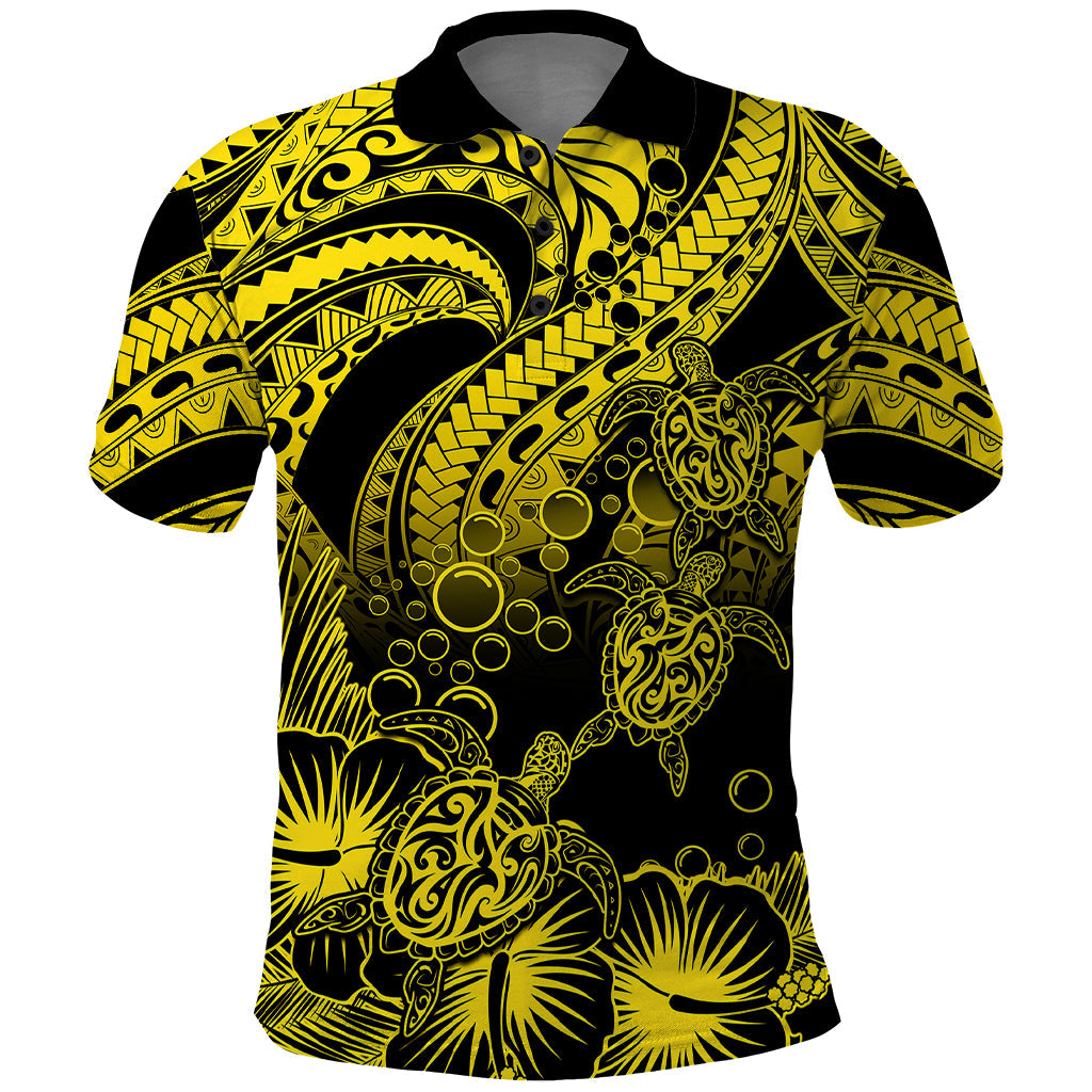 Personalised Polynesian Polo Shirt Tribal Honu Turtle with Hibiscus Gold Version