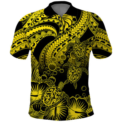 Personalised Polynesian Polo Shirt Tribal Honu Turtle with Hibiscus Gold Version