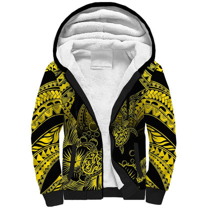 Personalised Polynesian Sherpa Hoodie Tribal Honu Turtle with Hibiscus Gold Version