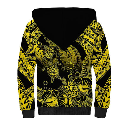 Personalised Polynesian Sherpa Hoodie Tribal Honu Turtle with Hibiscus Gold Version